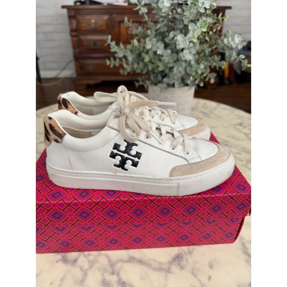 Tory Burch Snow White Leather Andrea Color Block Court Sneakers Womens Size 6.5